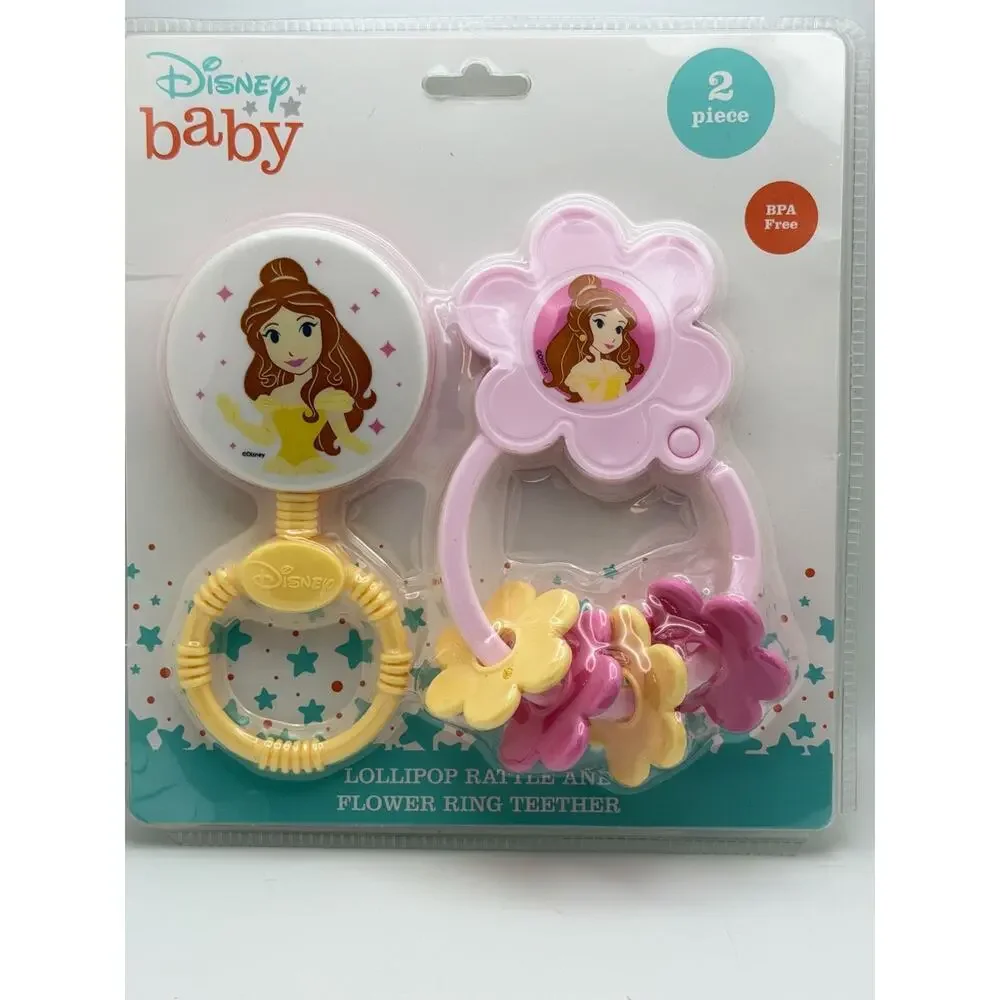 Disney Baby Lollipop Rattle & Flower Ring Teether - BPA-Free 2-Piece Set Belle D